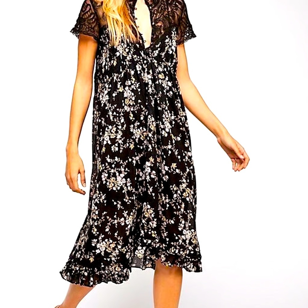 Free People Decadent Midi Dress, Rare, Black/Floral, Sz L